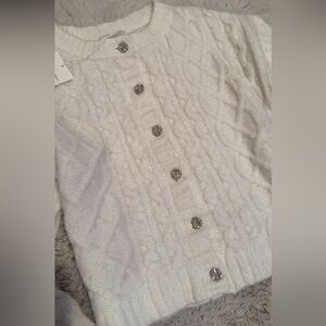 White Cable Knit Cardigan with Silver Buttons